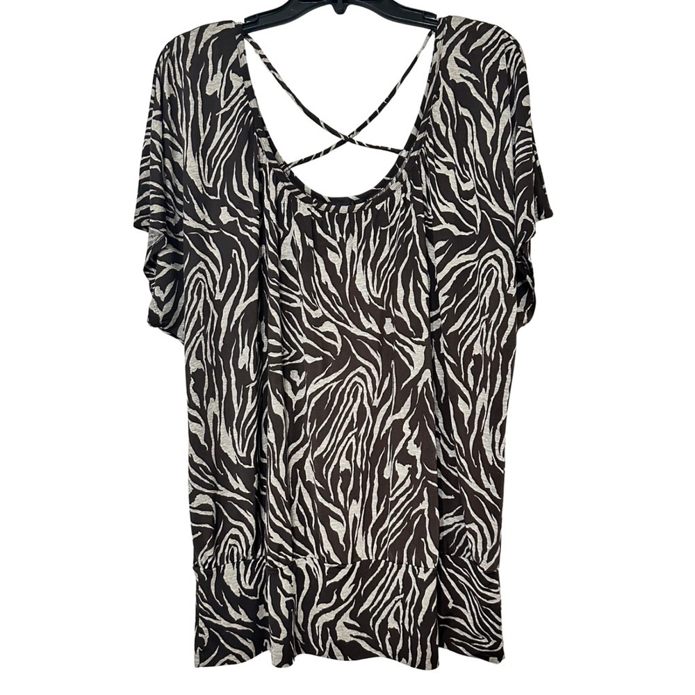 AGB Animal Print Tunic Top Brown Zebra Short Sleeve Criss Cross Back Sz XL